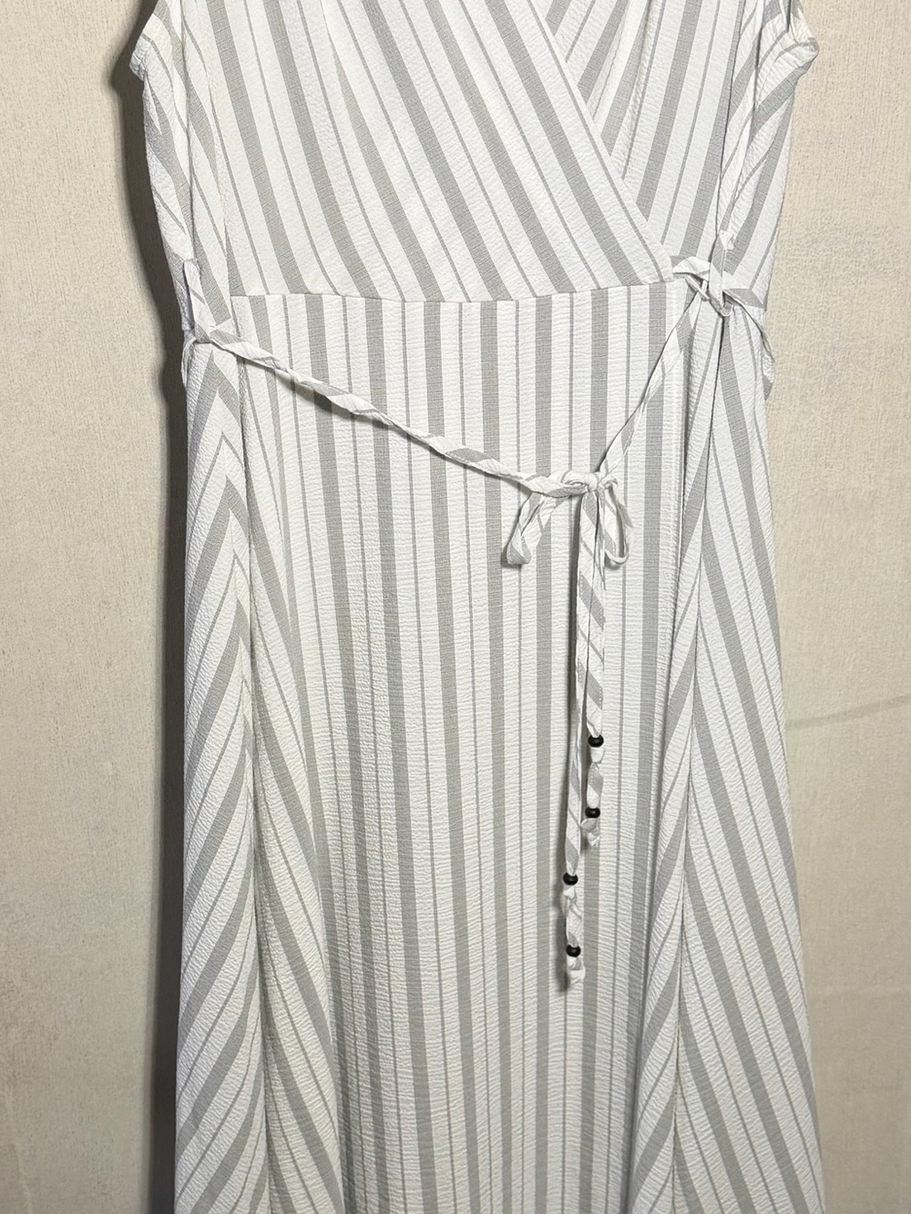 Calvin Klein White & Light Gray Striped Wrap Maxi Dress